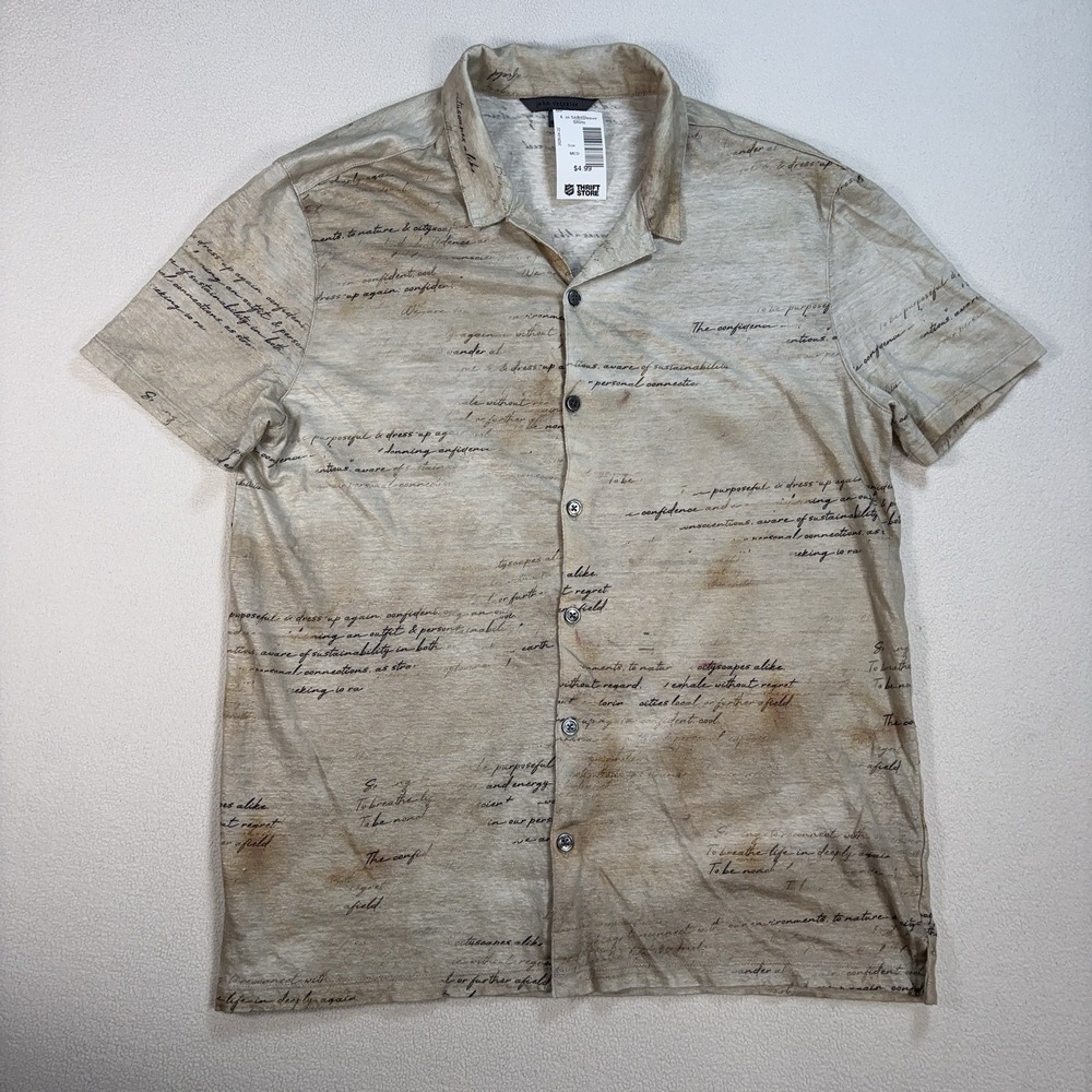 John Varvatos 100% Linen Stretch Shirt Men's M Beige Camp Collar Coastal Resort